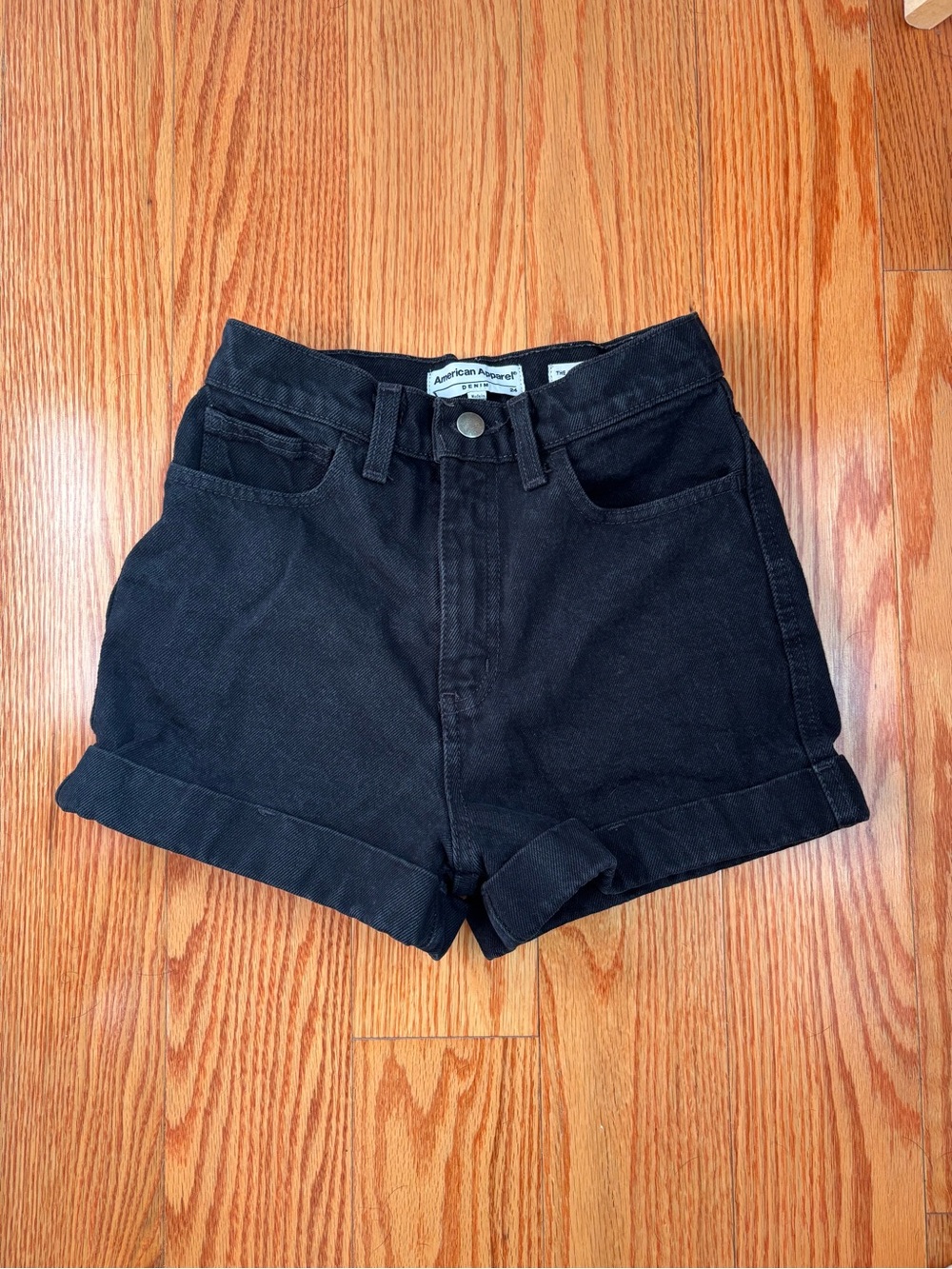 American Apparel Black Cuffed High-Rise Denim Shorts